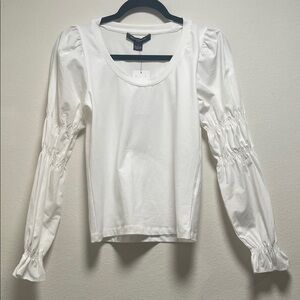 French Connection White Ruched Sleeve Blouse